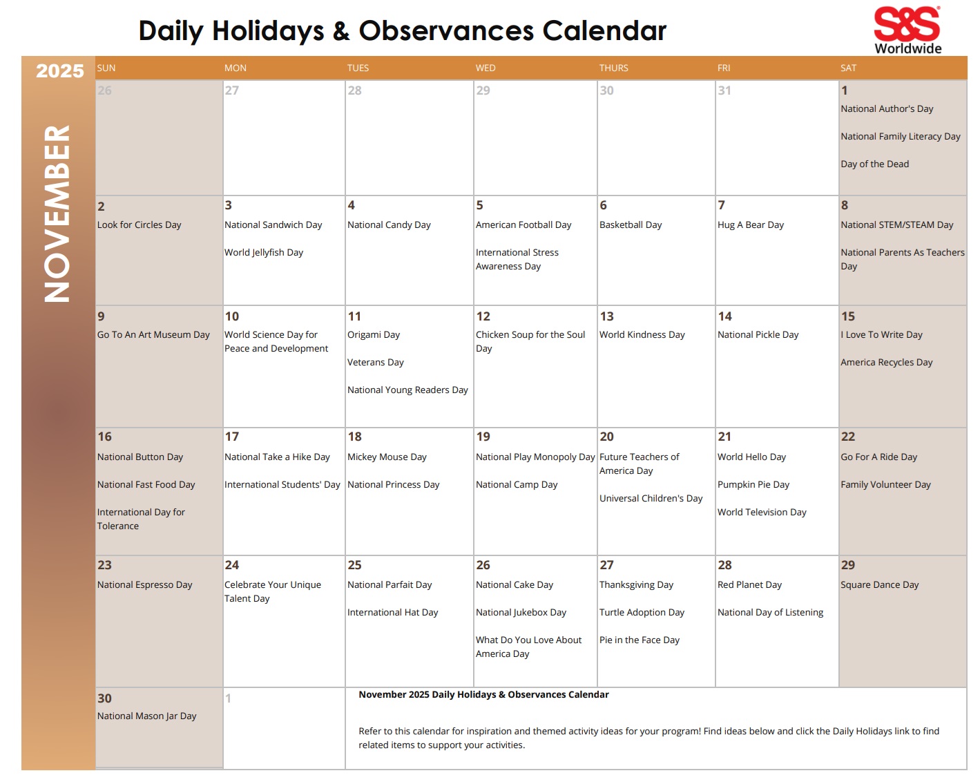 november daily holidays calendar